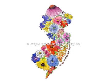 Impressão de belas artes de flores silvestres nativas do mapa de Garden State NJ