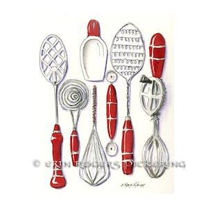 Vintage Kitchen Utensils in Red 8x10 kitchen art print