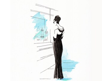 Original watercolor illustration Audrey Hepburn as Holly Golightly
