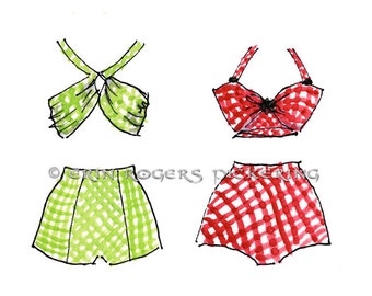 Retro Gingham Swimsuits Vintage Fashion 8x10 art print