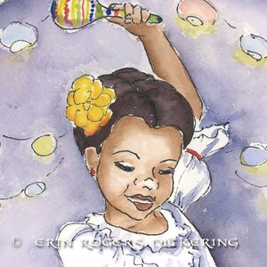 May include: A watercolor painting of a young girl with dark hair and a yellow flower in her hair. She is wearing a white dress and holding a colorful maraca. The background is a purple and blue watercolor wash with white lights.