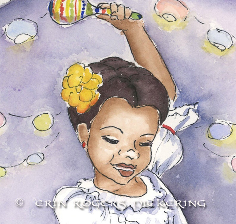 May include: A watercolor painting of a young girl with dark hair and a yellow flower in her hair. She is wearing a white dress and holding a colorful maraca. The background is a purple and blue watercolor wash with white lights.