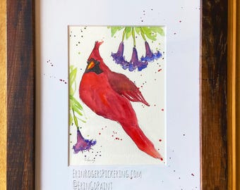 Cardinal bird original watercolor 5x7 illustration in 8x10 frame