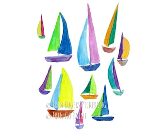 Pastel Rainbow Sailboats Coastal fine art print