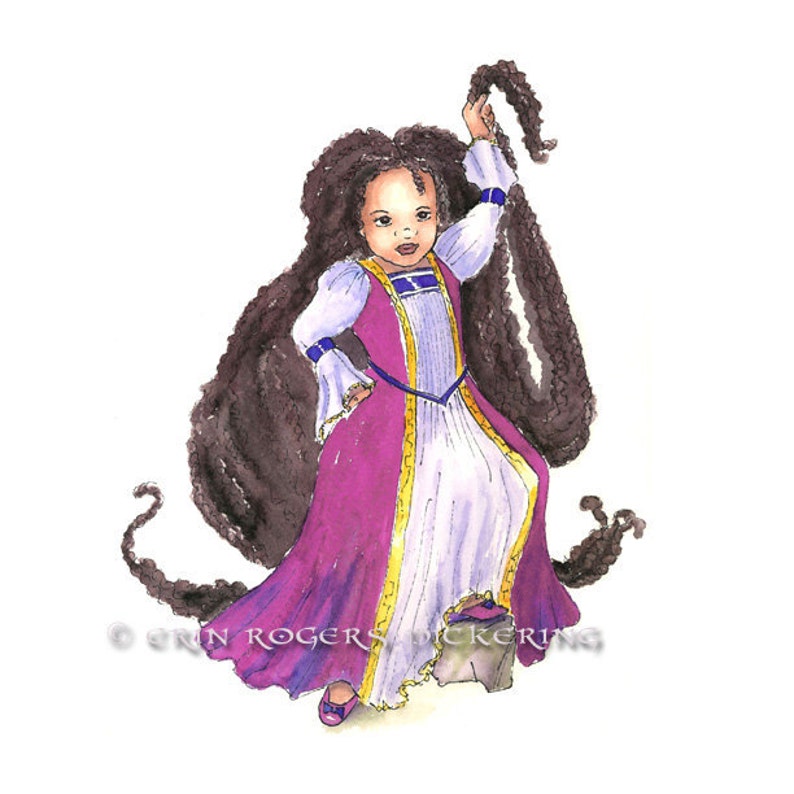 African American Rapunzel with Twists PINK gown modern fairy tales art Print image 2