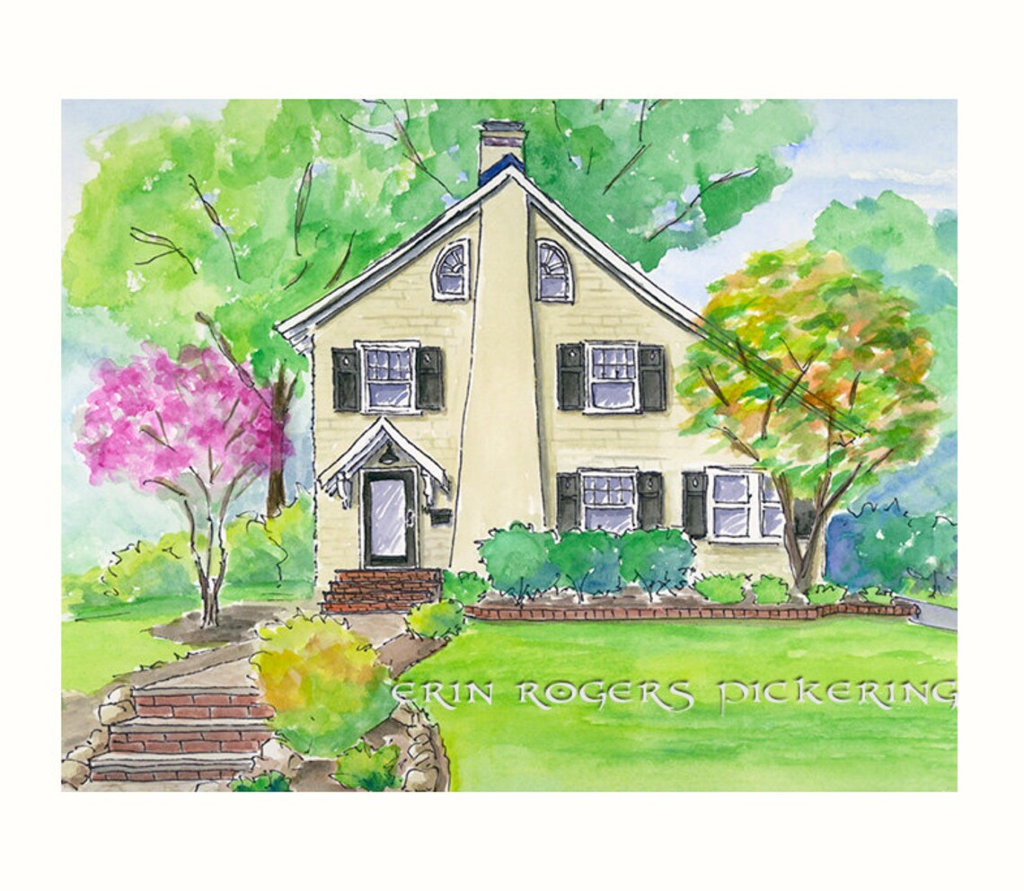 House Portrait Custom Illustrated Ink and Watercolor 8x10 or 11x14 - Etsy