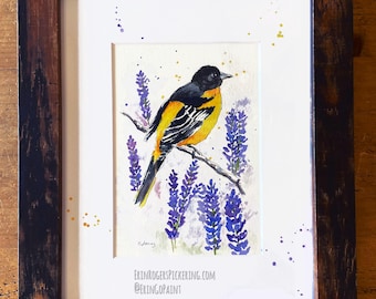Oriole bird original watercolor 5x7 illustration in 8x10 wood frame