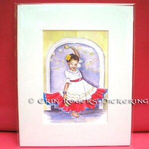 May include: A watercolor painting of a young girl in a white dress with a red and blue skirt, holding a maraca and dancing in front of a purple archway decorated with colorful lights. The painting is signed "Erin Rogers Pickering".