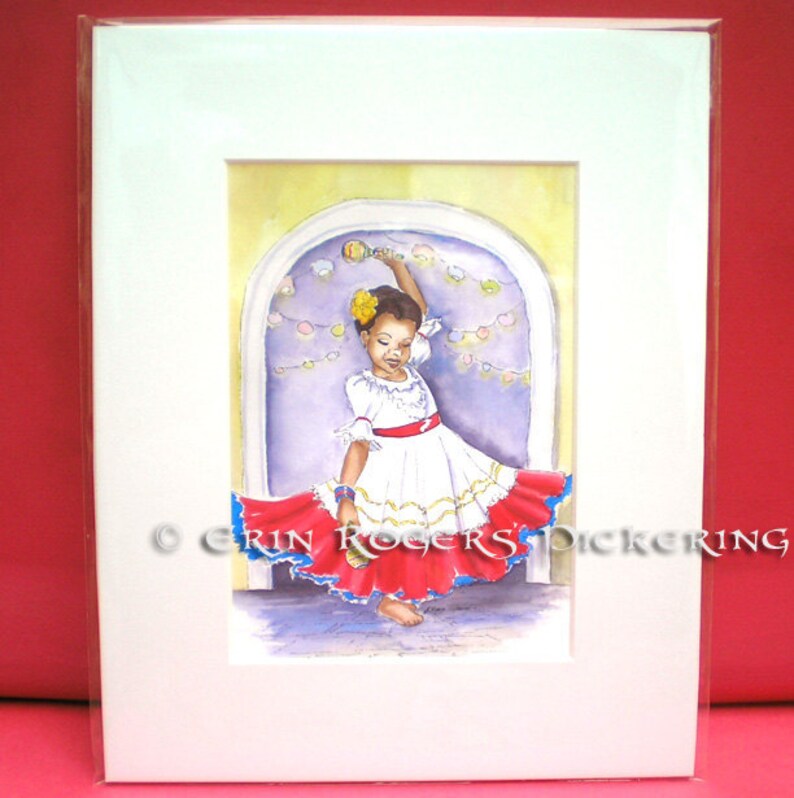 May include: A watercolor painting of a young girl in a white dress with a red and blue skirt, holding a maraca and dancing in front of a purple archway decorated with colorful lights. The painting is signed "Erin Rogers Pickering".