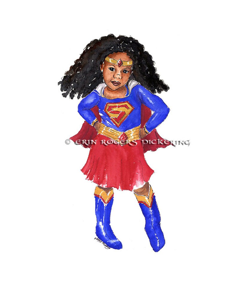 Super Girl Natural Hair Red and Blue 8x10 Art Print image 1