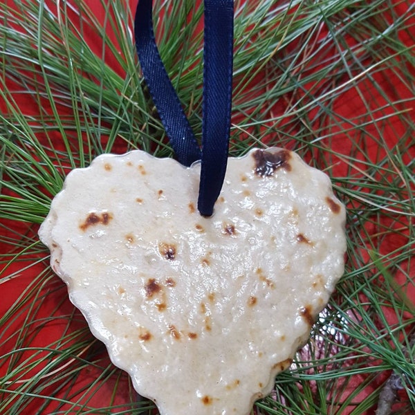 Sweatheart sale! Scalloped heart ornament, made with real lefse. Natural color.