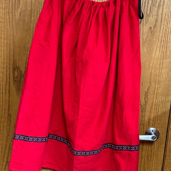 Folk costume skirt, red flannel, drawstring waist.
