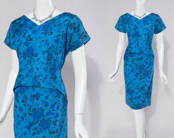 60s Mad Men Style Blue Floral Sheath Dress Size Medium Etsy