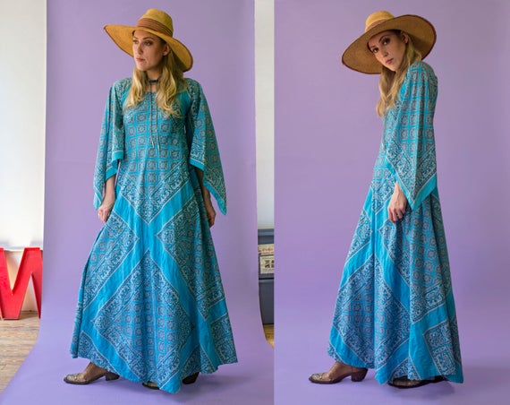 70s cerulean blue bandana handkerchief maxi dress