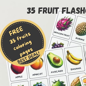 GRATUIT : COMBO 35 cartes-éclair de fruits avec pages à colorier, coloriage imprimable, cartes-éclair de fruits imprimables, cartes-éclair super mignons