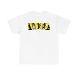 May include: White t-shirt with the word "INVINCIBLE" printed across the chest in yellow block letters with a black outline. The shirt is made of a soft, lightweight material.