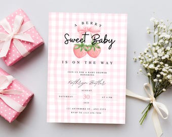 A Berry Sweet Baby Shower Invitation Girl – Editable Pink Strawberry Theme Template – Instant Download Baby Girl Invite