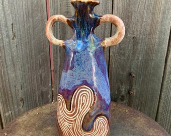 ceramic vase with sgraffito and blue-purple