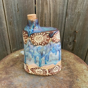 ceramic flask with sgraffito, blue and grey