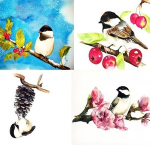 Ensemble de 8 cartes de correspondance assorties - aquarelles originales de mésange