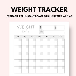 Weight Tracker | Monthly Weight Tracker | Printable PDF | Instant Download | 1 Page | US Letter, A4 & A5