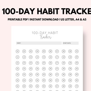 Könnte beinhalten: Ein weißes 100-Tage-Gewohnheitstracker-Druckprodukt mit dem Titel "100-DAY HABIT TRACKER" in fetter schwarzer Schrift. Der Tracker enthält Bereiche für Gewohnheiten und Startdaten, mit nummerierten Kreisen für die tägliche Verfolgung.