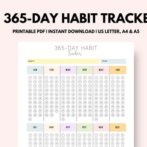 May include: A printable 365-day habit tracker with a yellow, green, blue, and purple color scheme. The tracker is divided into 12 months with circles for each day of the year. The text "365-Day Habit Tracker" is at the top of the page.