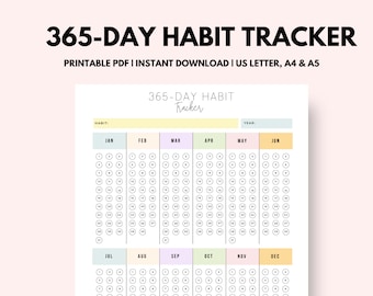 365-Day Habit Tracker | Symptom Tracker | ADHD Tracker | Printable PDF | Instant Download | Color | 1 Page | US Letter, A4 & A5