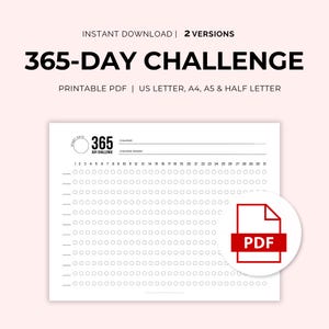 Wyzwanie 365-dniowe | Śledzenie wyzwań 365-dniowych | Wydruk w formacie PDF | Natychmiastowe pobranie | 1 strona | Poziomo | US Letter, A4, A5 i Half Letter