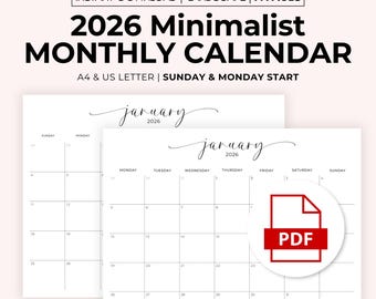 2026 Kalender Monatsplaner Landschaft | Sonntag Montag Start | Minimalistischer Wandkalender zum Ausdrucken