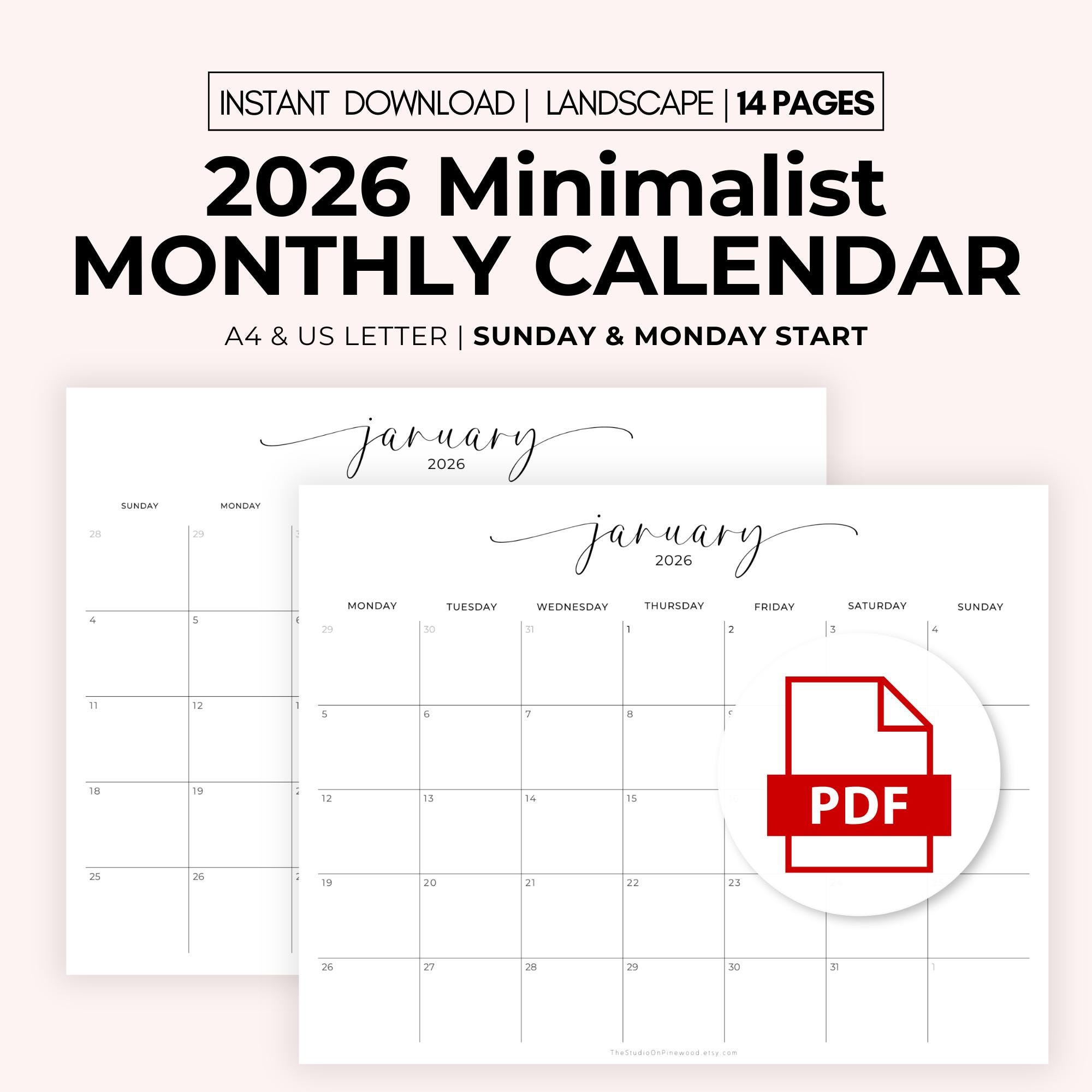 2026 Calendar Monthly Planner Landscape | Sunday Monday Start ...
