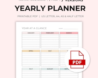 Yearly Planner, Yearly Overview, Year at a Glance, Undated Minimalist, Calendar, Annual Planner | Printable PDF 1 Page Letter, A4, A5, Half