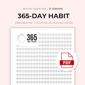 365-Day Habit Tracker PDF Printable | Simple and Minimalist Tracker for Yearly Goals Instant Download 1 Page US Letter, A4, A5, Half Letter