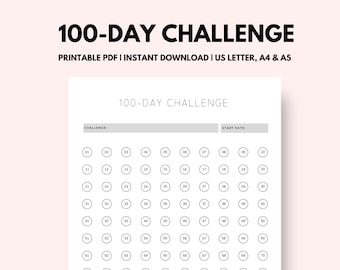 100 Days Challenge | 100- Day Challenge Tracker | Printable PDF | Instant Download | 1 Page | US Letter, A4 & A5