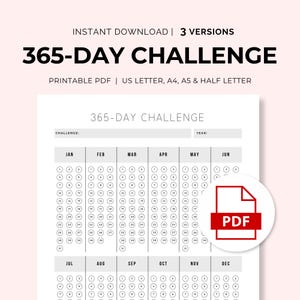 365-Day Challenge | 365-Day Challenge Tracker | Printable PDF | Instant Download | 1 Page | 3 Versions |  US Letter, A4, A5, and Half Letter
