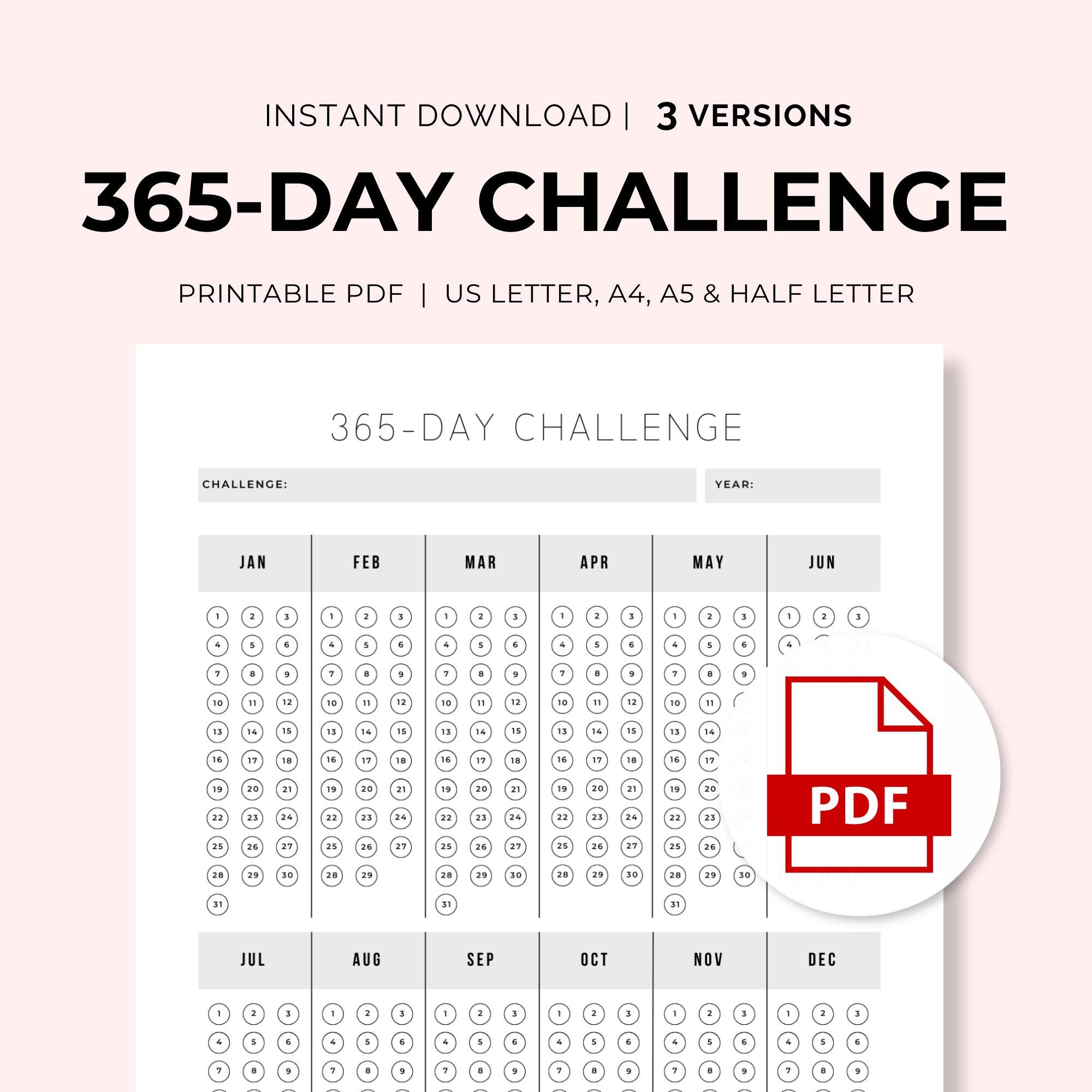 365-Day Challenge | 365-Day Challenge Tracker | Printable PDF | Instant Download | 1 Page | 3 Versions |  US Letter, A4, A5, and Half Letter