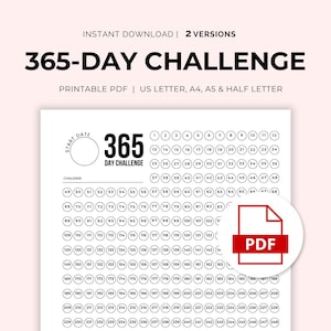 Desafío de 365 días / Seguimiento del desafío de 365 días / PDF imprimible / Descarga instantánea / 1 página / Tamaño carta de EE. UU., A4, A5 y media carta