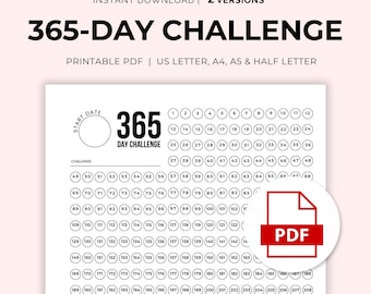 365-Day Challenge | 365- Day Challenge Tracker | Printable PDF | Instant Download | 1 Page | US Letter, A4, A5 & Half Letter