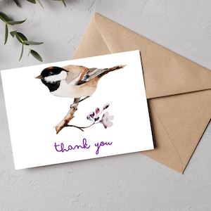 Tarjeta de agradecimiento imprimible / Acuarela Chickadee Bird / Tarjeta digital Descarga instantánea / Paisaje / PDF imprimible & JPG / Carta de EE. UU., A4