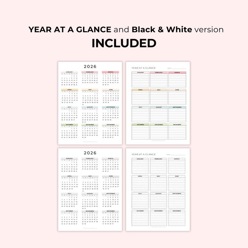 2026 Year at a Glance Calendar Printable: Yearly Overview, (instant PDF ...