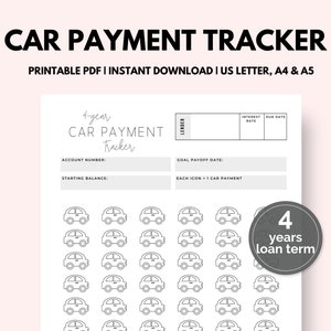 Rastreador de pagos de préstamos para automóviles / Rastreador de pagos de automóviles de 4 años / Rastreador de pagos de deudas / PDF imprimible / Descarga instantánea / 1 página / Carta de EE. UU., A4 y A5