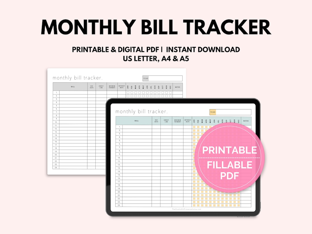 Monthly Bill Tracker Printable Digital PDF Fillable PDF Instant ...
