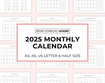 2025 Monthly Calendar Planner 12 Months Calendar Sunday Start | Digital Download | Printable PDF | 14 Pages | US Letter, A4, A5 & Half