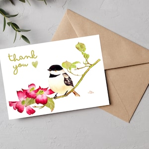 Tarjeta de agradecimiento imprimible / Acuarela Chickadee Bird / Tarjeta digital Descarga instantánea / Paisaje plegado / PDF imprimible&A4 / Carta de EE. UU., A4