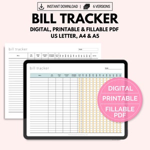 Yearly Bill Payment Tracker: Fillable PDF Landscape (US Letter, A4, A5, Instant PDF Download)