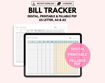 Yearly Bill Payment Tracker: Fillable PDF Landscape (US Letter, A4, A5, Instant PDF Download)