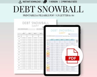 Puede incluir: Hoja de cálculo de bola de nieve de deuda imprimible en PDF en tamaños US Letter y A4. La hoja de cálculo tiene un diseño colorido con un esquema de colores azul claro, rosa y amarillo. La hoja de cálculo incluye secciones para el saldo inicial total, la fecha de pago objetivo, el acreedor, el mes, la deuda 1, la deuda 2, la deuda 3, la deuda 4 y el pago total a realizar.