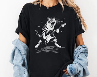 Comfort Colors Cat Playing Guitar Shirt, Funny Rock and Roll Cat Playing Guitar Tee, Cat Lover Gift, Music Band Graphic Tee for Men Women