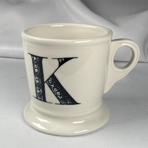 Anthropologie Original Monogram "K" Mug Cream White Large Black Letter Footed Shaving Style Bridge Interior