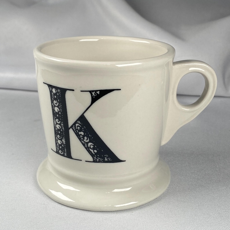 Anthropologie Original Monogram "K" Mug Cream White Large Black Letter Footed Shaving Style Bridge Interior